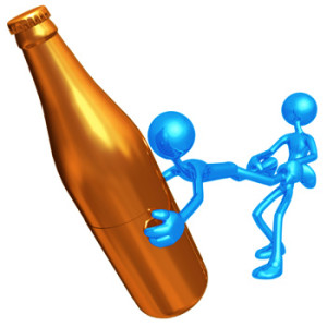 image of gold bottle and blue man pulling another blue man away from bottle