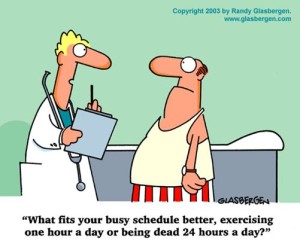 A cartoon of a doctor talking with his patient about the benefits of exercising on his overall health, including muscle loss