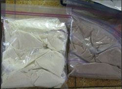 bag of vanilla protein powder, bag of chocolate protein powder