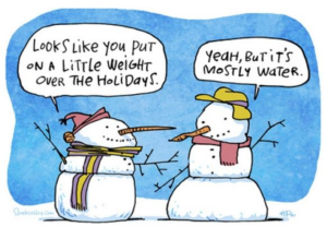 two snowmen talking about winter weight gain