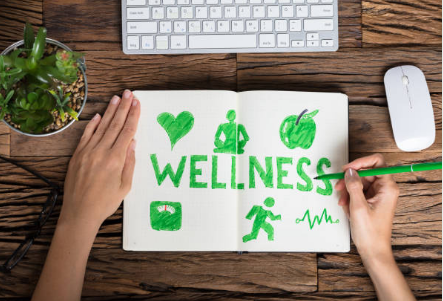 the word wellness with healthy icons surrounding it written on a piece of paper lying on a desk with a computer, indicating corporate wellness programs