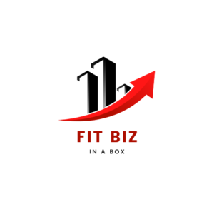 Fit Biz In a Box with a red arrow pointing upward in front of buildings