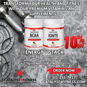 Catalyst 4 Fitness Supplements Energy+ Stack consisting of 1 BCAA and 1 Ignite Pre-Workout at 10% off
