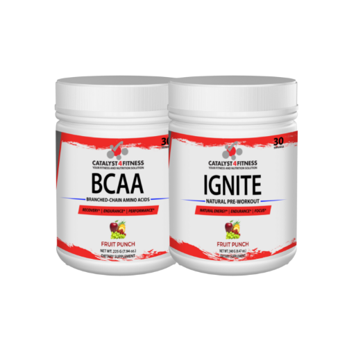 The Catalyst 4 Fitness Energy+ Supplement Stack includes 1 BCAA (branched-chain amino acids) and 1 Ignite Pre-Workout